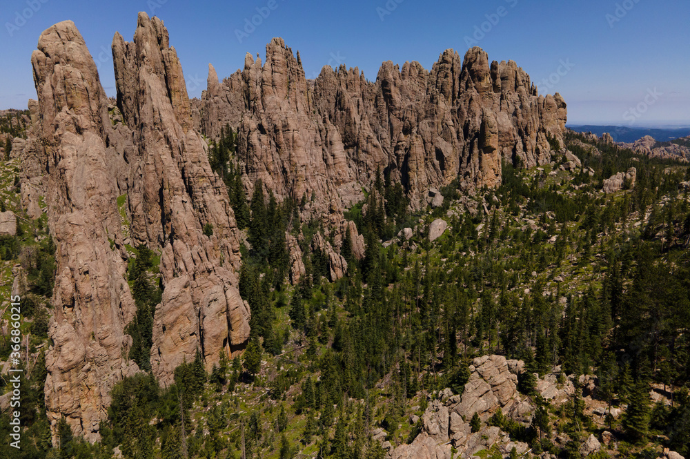 needles spires off needles highway in black hills of South Dakota in the morning sunlight with bright blue sky in the background and pine trees needles spires off needles highway in black hills of South Dakota in the morning sunlight with bright blue sky in the background and pine trees