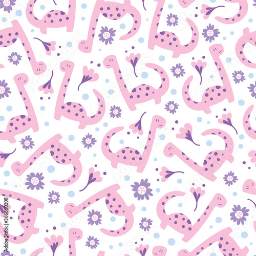 Cute Girl Diplodocus Dinosaurs Seamless Pattern Background.