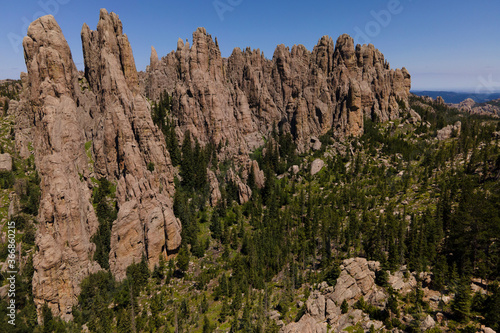 needles spires off needles highway in black hills of South Dakota in the morning sunlight with bright blue sky in the background and pine trees