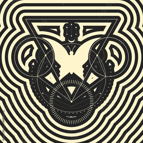 Mystical geometry symbol. Linear alchemy, occult, philosophical sign. Optical illusion. Human head make silhouette of insect