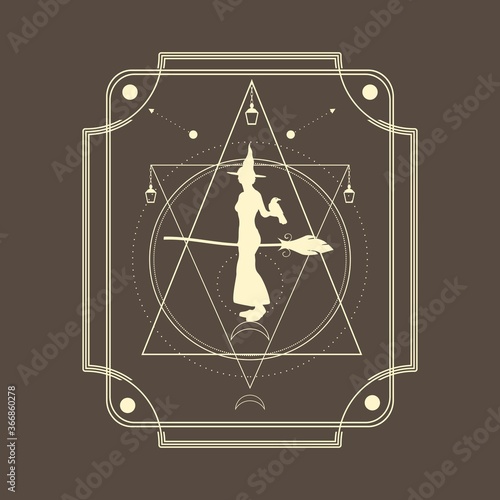 Mystical geometry symbol. Linear alchemy, occult, philosophical sign with silhouette of witch