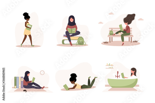 Books lovers. Cute reading women holding books. Preparing for examination or certification. Knowledge and education library concept, literature readers. Set of vector illustration in flat style.