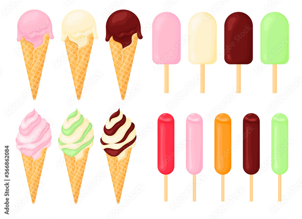 Set of different ice cream. Ice cream on a stick, waffle cone, ice. Vector illustration isolated on white background. Set of different ice cream. Ice cream on a stick, waffle cone, ice. Vector illustration isolated on white background.