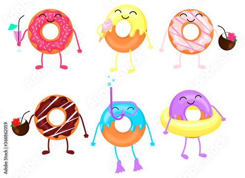 Set of different cartoon donuts. Donut drinks cocktail, eats ice cream and floats. Vector illustration isolated on white background.