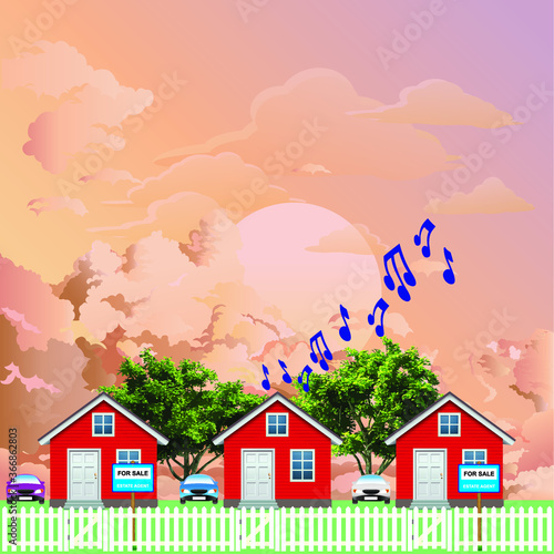 Row of detached residential homes on a suburb street with houses for sale next door to noisy Neighbor set against a stunning dawn or dusk sky