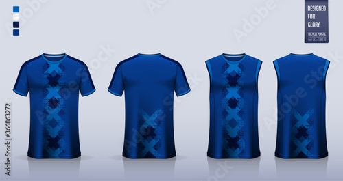 Blue Checkered pattern T-shirt mockup or sport shirt template design for soccer jersey or football kit. Tank top for basketball jersey or running singlet. Sport uniform in front view back view. Vector