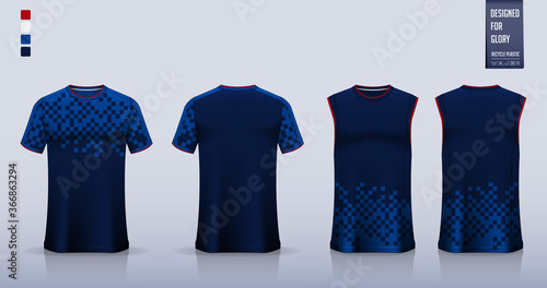 Blue Checkered pattern T-shirt mockup or sport shirt template design for soccer jersey or football kit. Tank top for basketball jersey or running singlet. Sport uniform in front view back view. Vector