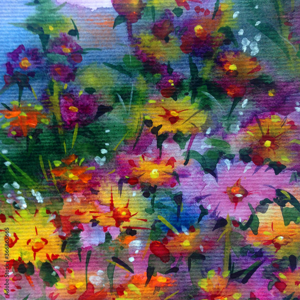 Abstract bright colored decorative background . Floral pattern handmade . Beautiful tender romantic summer meadow with flowers , made in the technique of watercolors from nature.