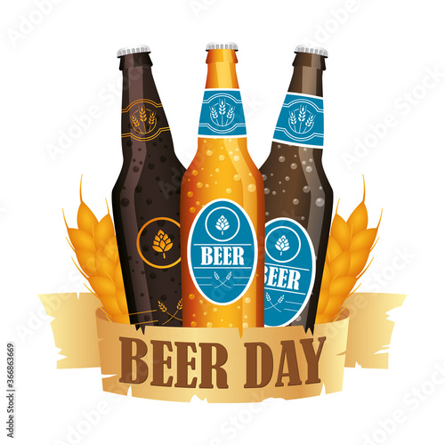 bottles with beer day ribbon vector design