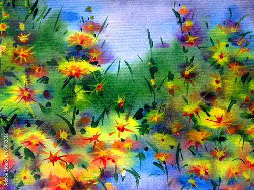 Fototapeta Naklejka Na Ścianę i Meble -  Abstract bright colored decorative background . Floral pattern handmade . Beautiful tender romantic summer meadow with flowers , made in the technique of watercolors from nature.