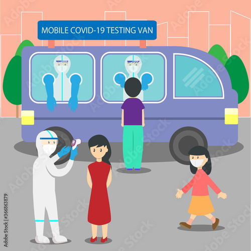 people going to getting Covid-19 testing at mobile testing van vector.