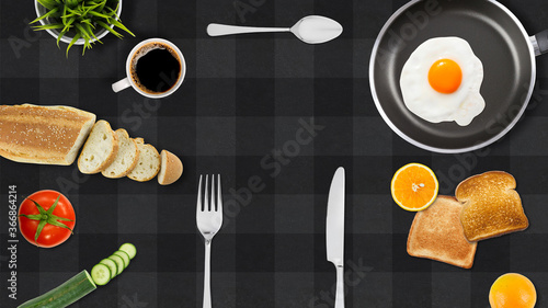 Breakfast with bread and egg on grey background top view copy space