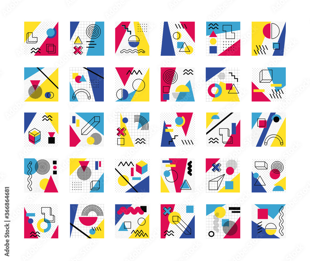 bundle of abstract posters with colors and figures geometrics