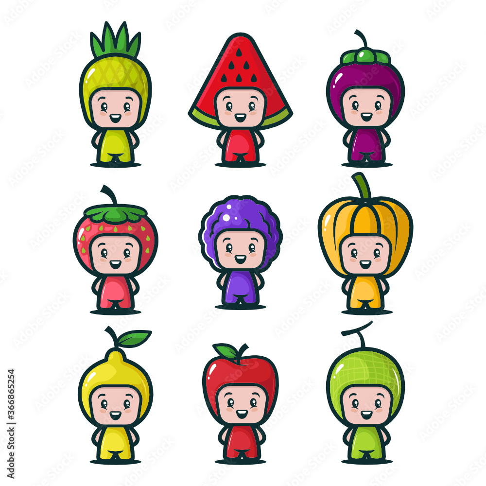 Set of cute fruits costume design icon illustration Set of cute fruits costume design icon illustration