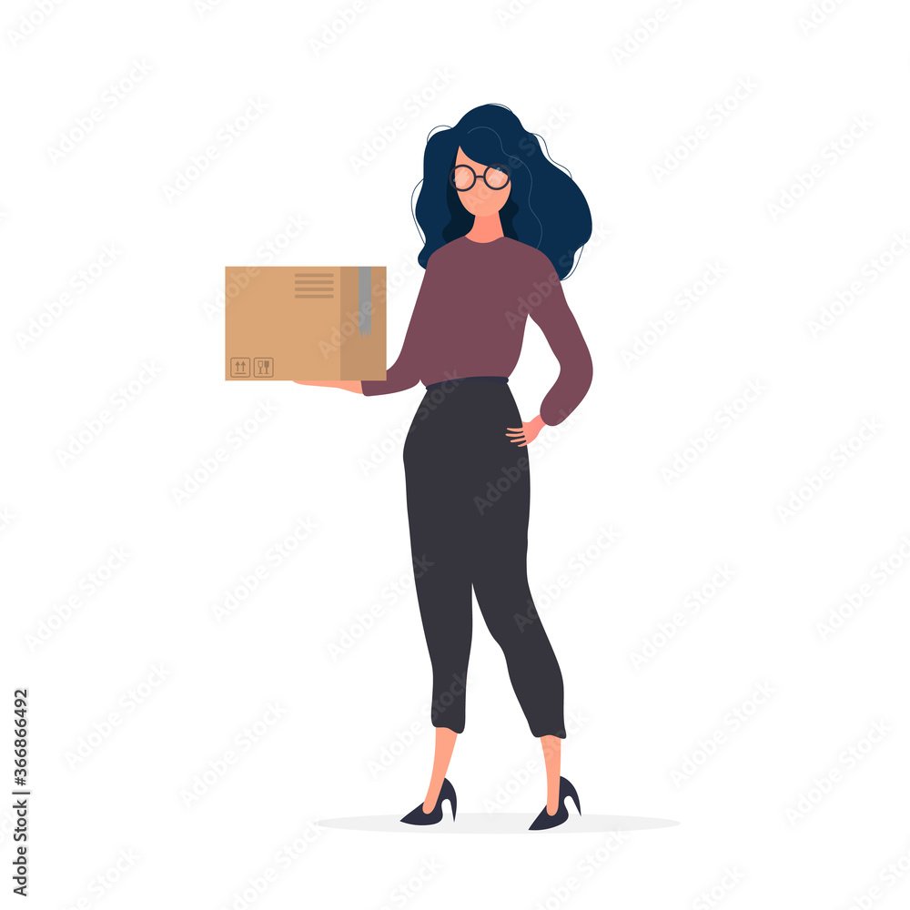 A girl with glasses holds a box in her hands. A woman is holding a cardboard box. Isolated. Vector. A girl with glasses holds a box in her hands. A woman is holding a cardboard box. Isolated. Vector.