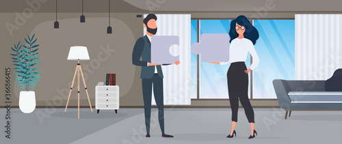 The guy and the girl are holding puzzle pieces. The woman and the man are putting together a puzzle. Office. The concept of teamwork, living together or understanding. Vector.