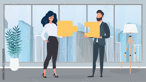 The guy and the girl are holding puzzle pieces. The woman and the man are putting together a puzzle. Office. The concept of teamwork, living together or understanding. Vector.