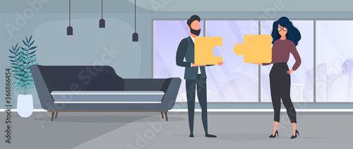 The guy and the girl are holding puzzle pieces. The woman and the man are putting together a puzzle. Office. The concept of teamwork, living together or understanding. Vector.