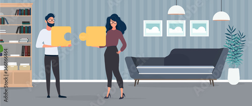 The guy and the girl are holding puzzle pieces. The woman and the man are putting together a puzzle. Office. The concept of teamwork, living together or understanding. Vector.