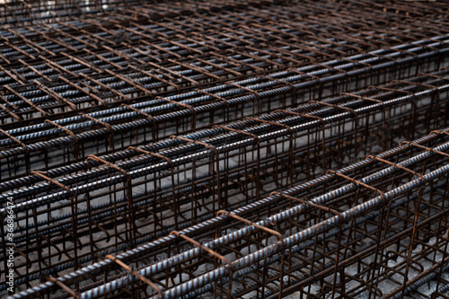 rebar steel bars, reinforcement concrete bars with wire rod used in foundation of construction site.