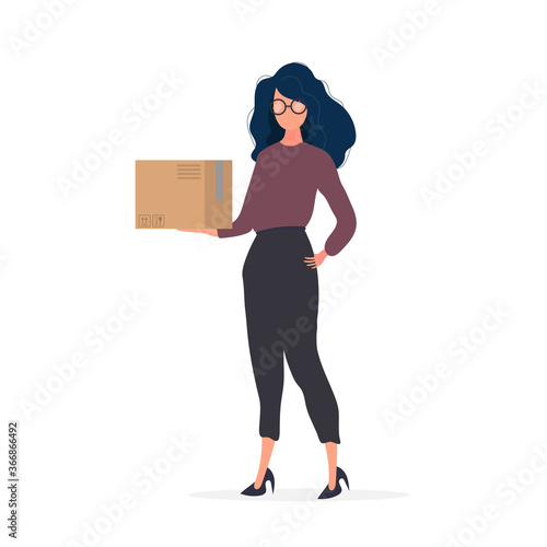 A girl with glasses holds a box in her hands. A woman is holding a cardboard box. Isolated. Vector.