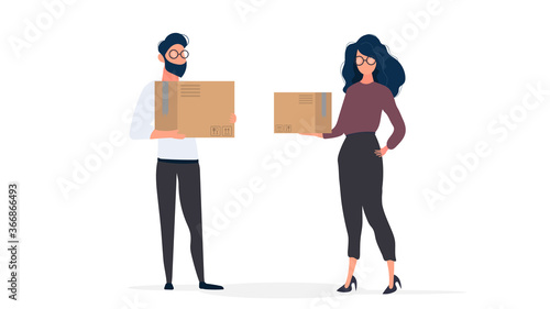 The guy and the girl are holding paper boxes. The concept of moving, changing housing, buying an apartment or moving an office. Isolated. Vector.
