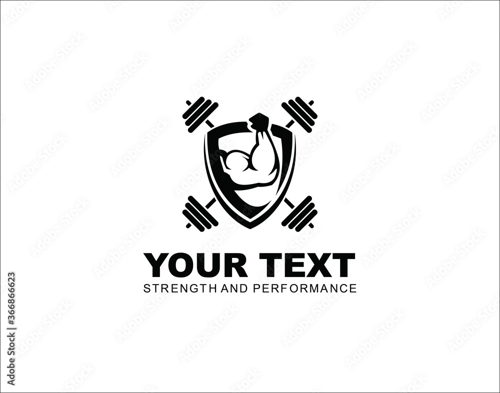 Fitness gym logo with Hand strong and barbell symbol design Fitness gym logo with Hand strong and barbell symbol design
