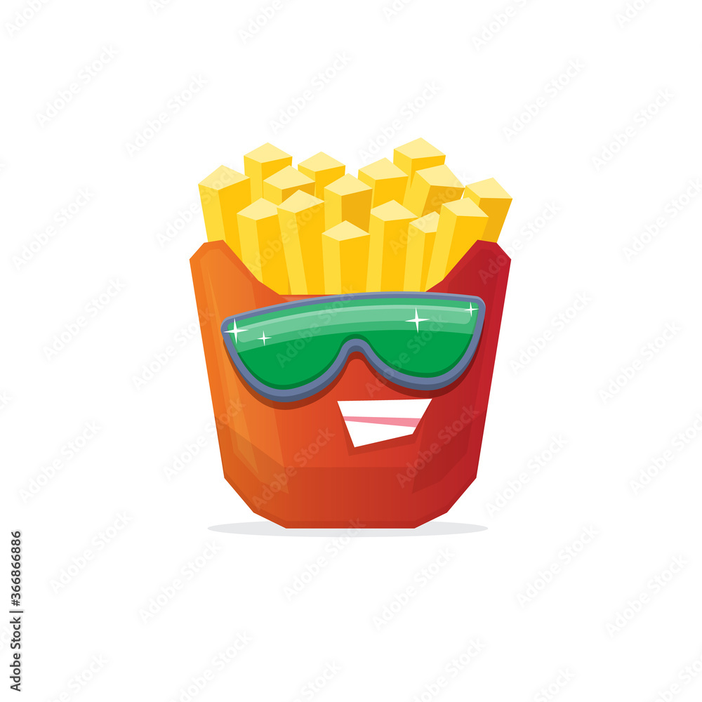 vector funny cartoon french fries potato box character with sunglasses isolated on white background. funky smiling food character vector funny cartoon french fries potato box character with sunglasses isolated on white background. funky smiling food character