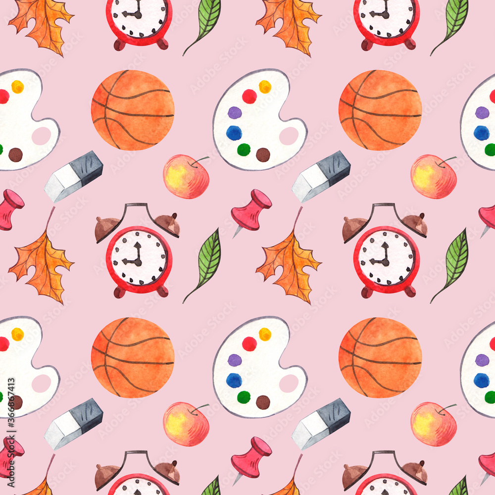 Seamless watercolor pattern with school elements. With paints, basketball, alarm clock and other school supplies.