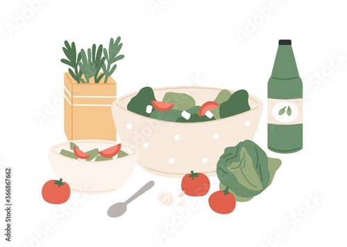 Composition of fresh vegetable salad and juice vector flat illustration. Chopped tomato, cabbage, cucumber and greenery in bowls for healthy nutrition isolated. Appetizing vegetarian lunch or dinner