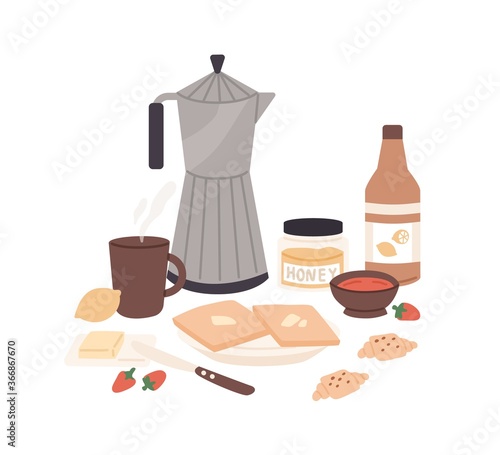 Composition of classical fresh tasty breakfast vector flat illustration. Coff...
