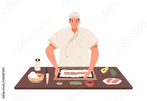 Smiling chef cooking sushi at kitchen table vector flat illustration. Professional kitchener making traditional Japanese food isolated. Process preparation of Asian dish with fresh ingredients