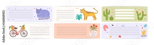 Set of childish, cute agenda, organizer. Weekly memo page with place for text. Design element decorated by animal, plant, bike, teapot. Flat vector cartoon illustration isolated on white background