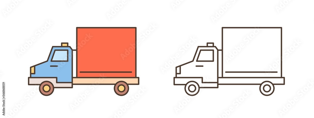 Logistics truck, van or lorry icon. Commercial vehicle with diesel engine, automobile shipment. Delivery, cargo transportation. Flat vector line art illustration isolated on white background Logistics truck, van or lorry icon. Commercial vehicle with diesel engine, automobile shipment. Delivery, cargo transportation. Flat vector line art illustration isolated on white background