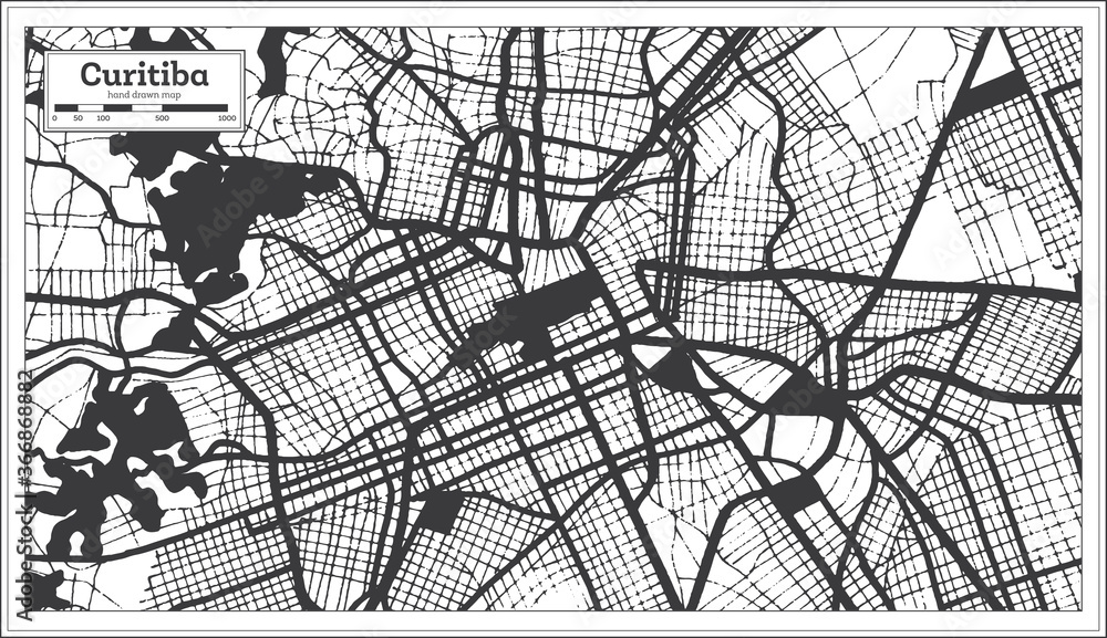 Curitiba Brazil City Map in Black and White Color in Retro Style. Outline Map.