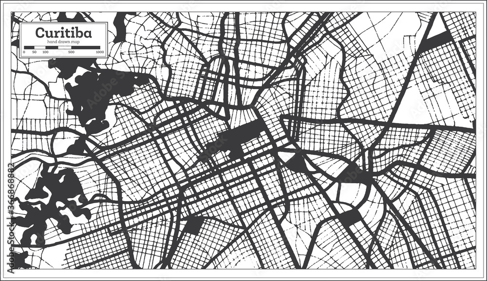 Naklejka premium Curitiba Brazil City Map in Black and White Color in Retro Style. Outline Map.