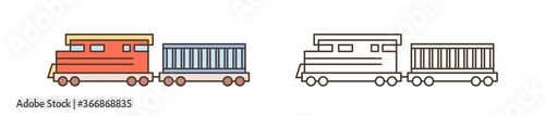 Modern train, locomotive icon. Commercial railway vehicle with goods wagon. L...