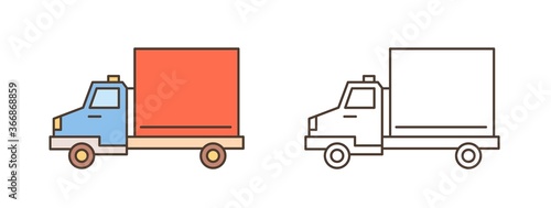 Logistics truck, van or lorry icon. Commercial vehicle with diesel engine, automobile shipment. Delivery, cargo transportation. Flat vector line art illustration isolated on white background