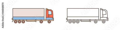Modern logistics truck, lorry icon. Commercial vehicle with diesel engine. Automobile shipping, delivery. Cargo transportation. Flat vector line art illustration isolated on white background