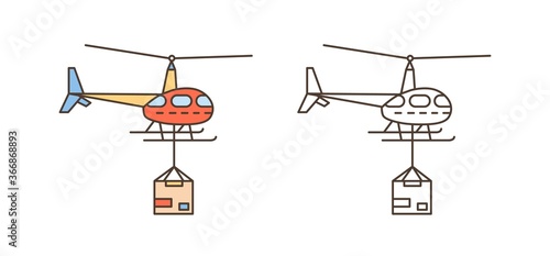 Helicopter icon with package box. Delivery shipment symbol, aircraft service....