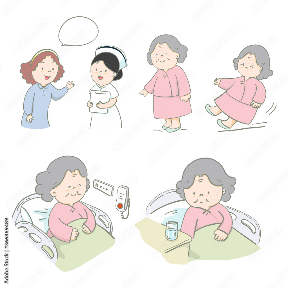 Illustration hand drawn set characters senior patient care Illustration hand drawn set characters senior patient care