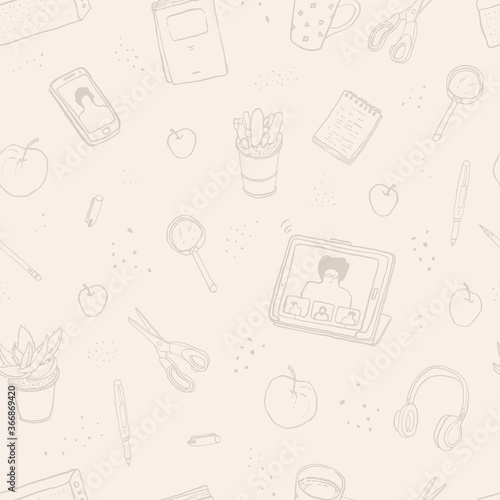 A pattern with things for self-education. Tablet, book, pen, caradrash, apples, magnifier, tea mug, smartphone, notepad, headphones, music column, potted plant, scissors. Vector isolated illustration.