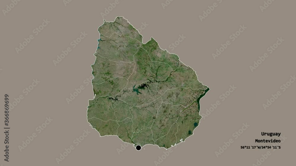 Rivera, department of Uruguay, with its capital, localized, outlined and zoomed with informative overlays on a satellite map in the Stereographic projection. Animation 3D Rivera, department of Uruguay, with its capital, localized, outlined and zoomed with informative overlays on a satellite map in the Stereographic projection. Animation 3D