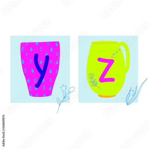 Letters y, z on cups in cartoon quirky style. Hand drawn Alphabet cards for education, design elements, banners, coffee shop, food court. Kids abc isolated vector illustration