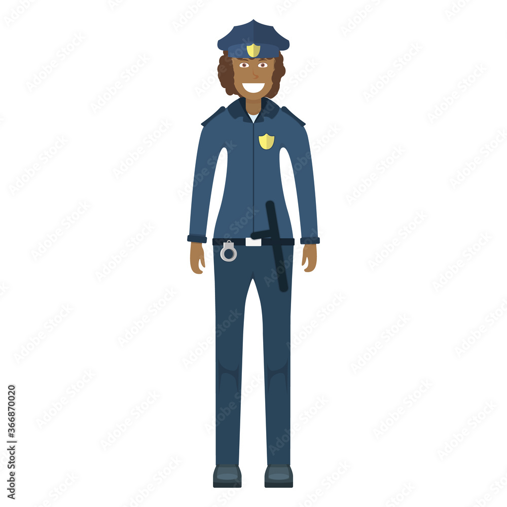 Character policeman standing isolated on white, flat vector illustration. Human female important professional activity, smiling people profession.