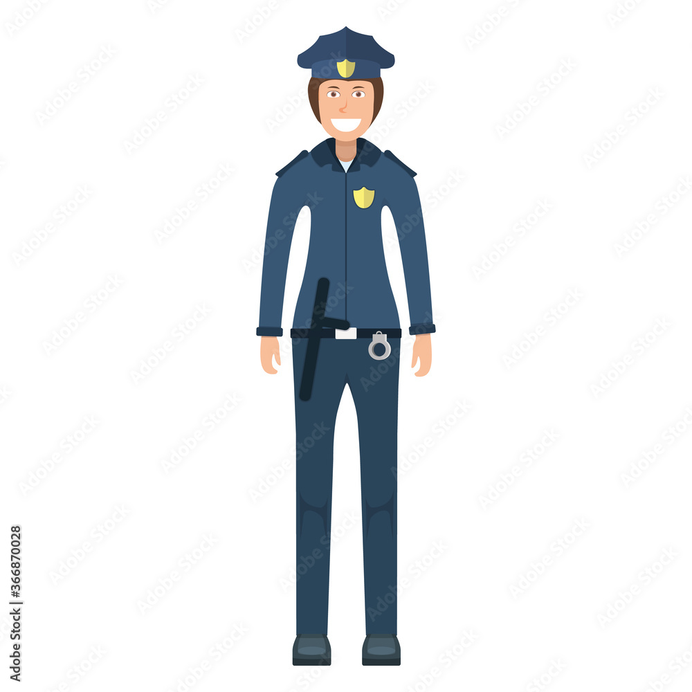 Character policeman standing isolated on white, flat vector illustration. Human female important professional activity, smiling people profession. Character policeman standing isolated on white, flat vector illustration. Human female important professional activity, smiling people profession.