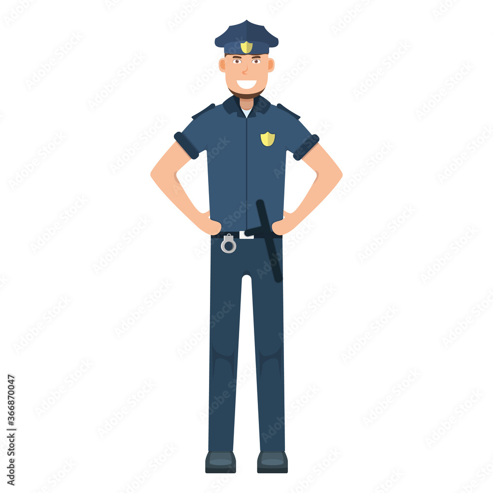Character policeman standing isolated on white, flat vector illustration. Human male important professional activity, smiling people profession.