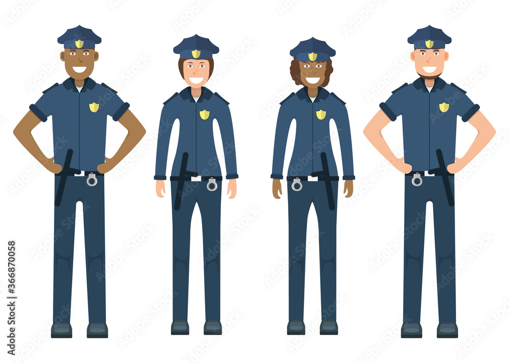 Pair character policeman standing isolated on white, flat vector illustration. Human female and male important professional activity, smiling people profession.