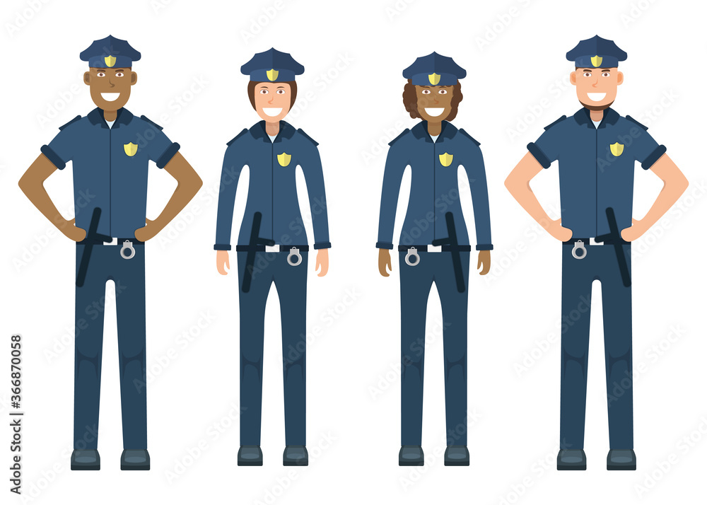 Pair character policeman standing isolated on white, flat vector illustration. Human female and male important professional activity, smiling people profession. Pair character policeman standing isolated on white, flat vector illustration. Human female and male important professional activity, smiling people profession.