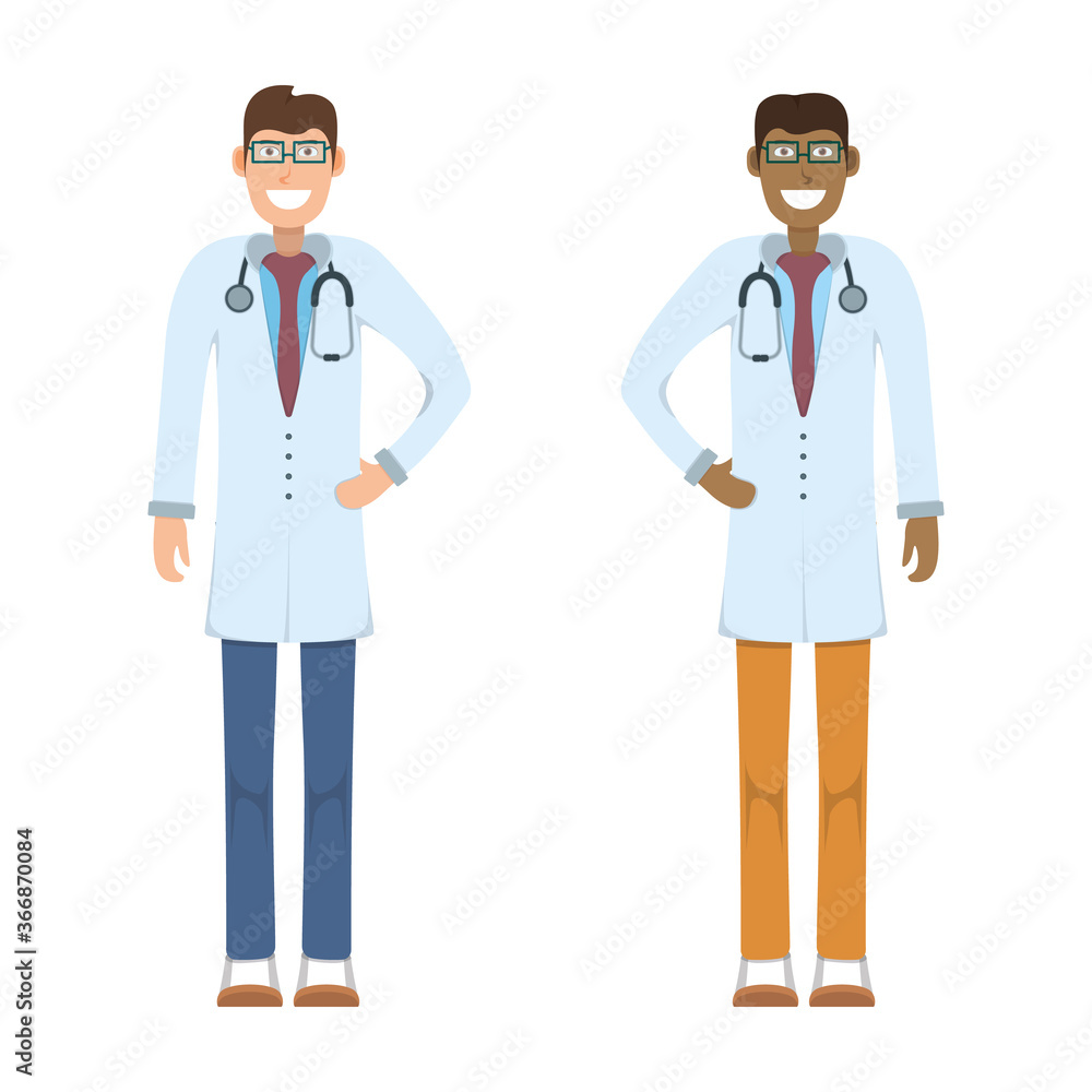 Character doctor standing isolated on white, flat vector illustration. Human male female important physician professional activity, smiling people. Character doctor standing isolated on white, flat vector illustration. Human male female important physician professional activity, smiling people.